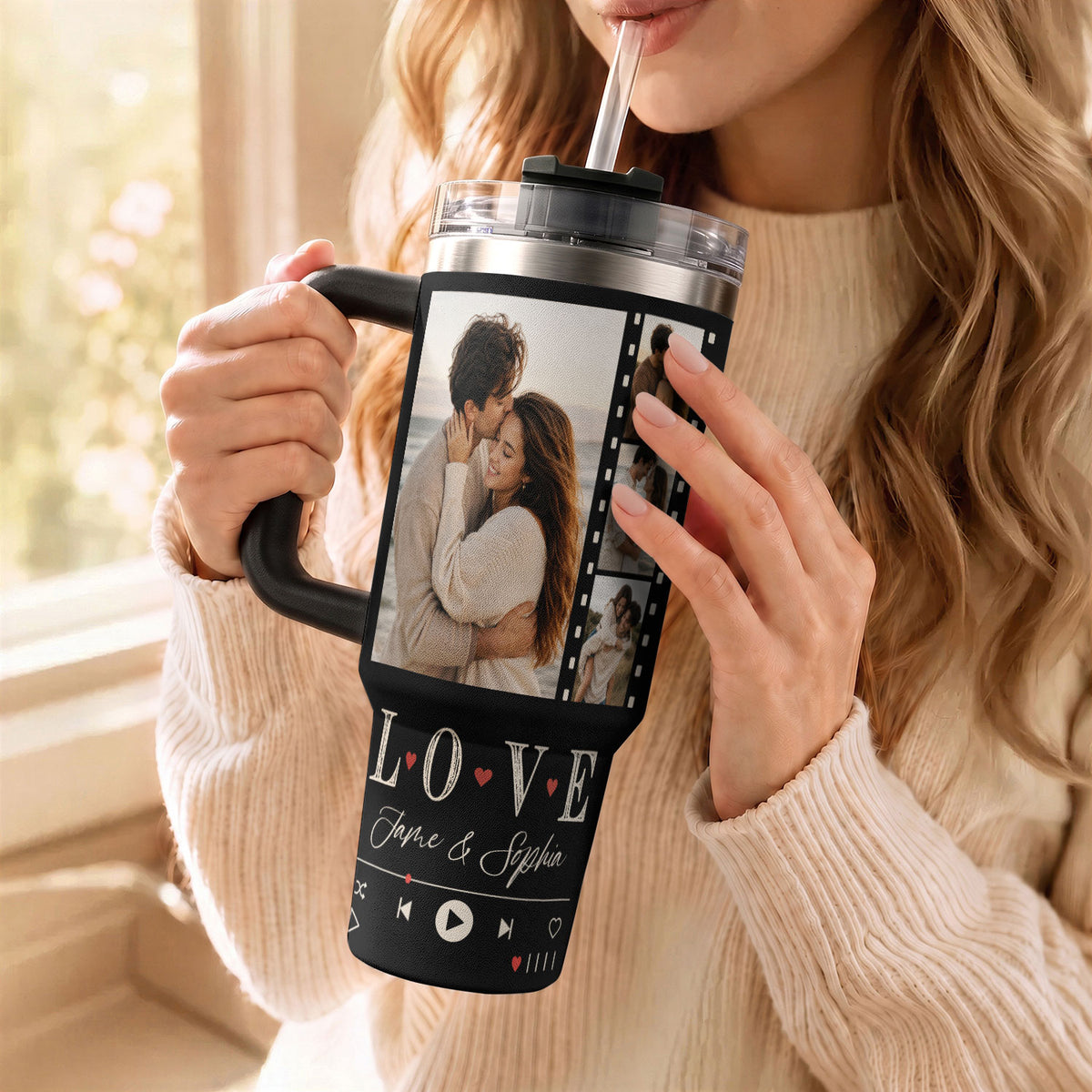 Custom Couple Photo Collage Tumbler Names Text Insulated Travel Mug Handle Cup Item