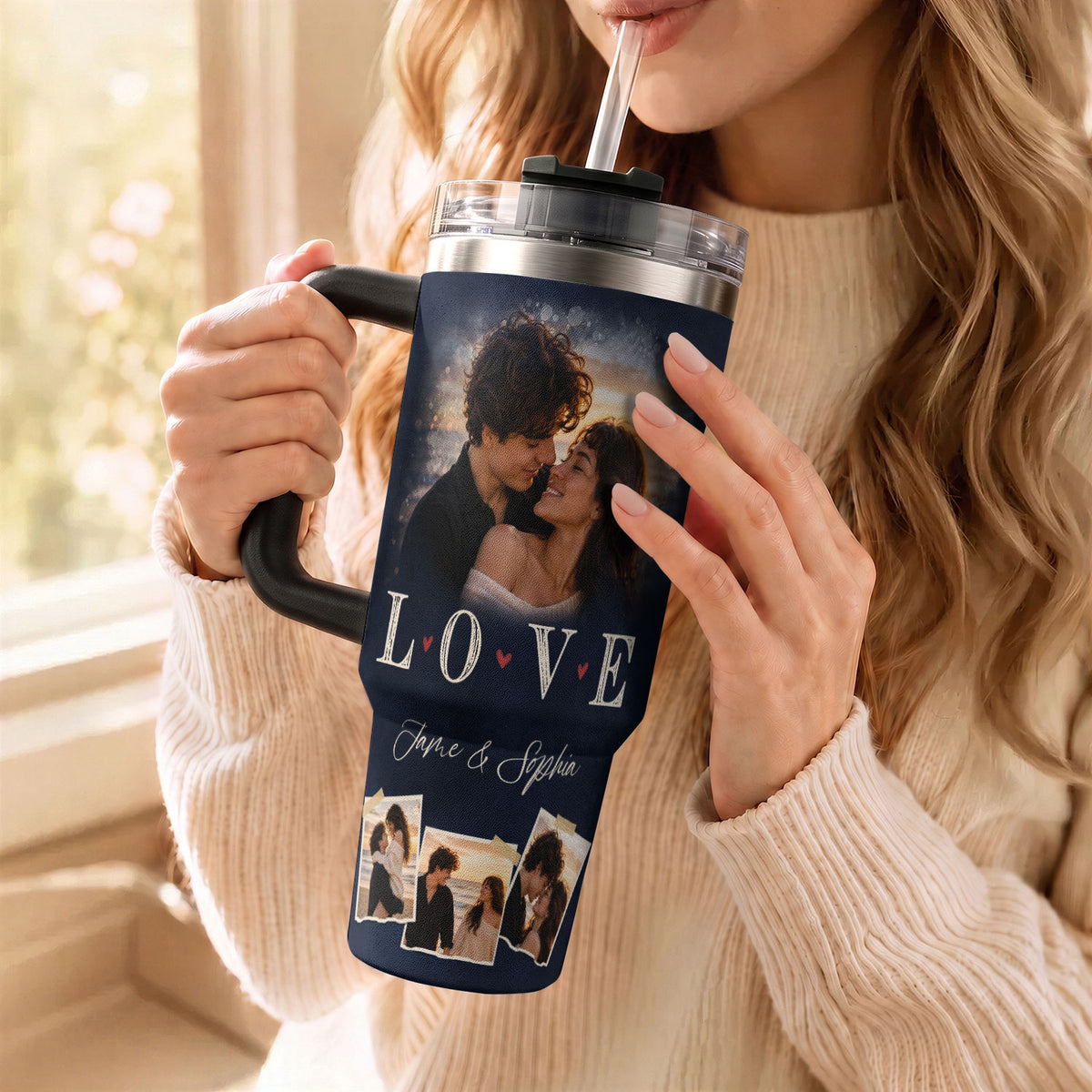 Custom Couple Photo Collage Tumbler Names Text Insulated Beverage Mug Handle Cup Piece