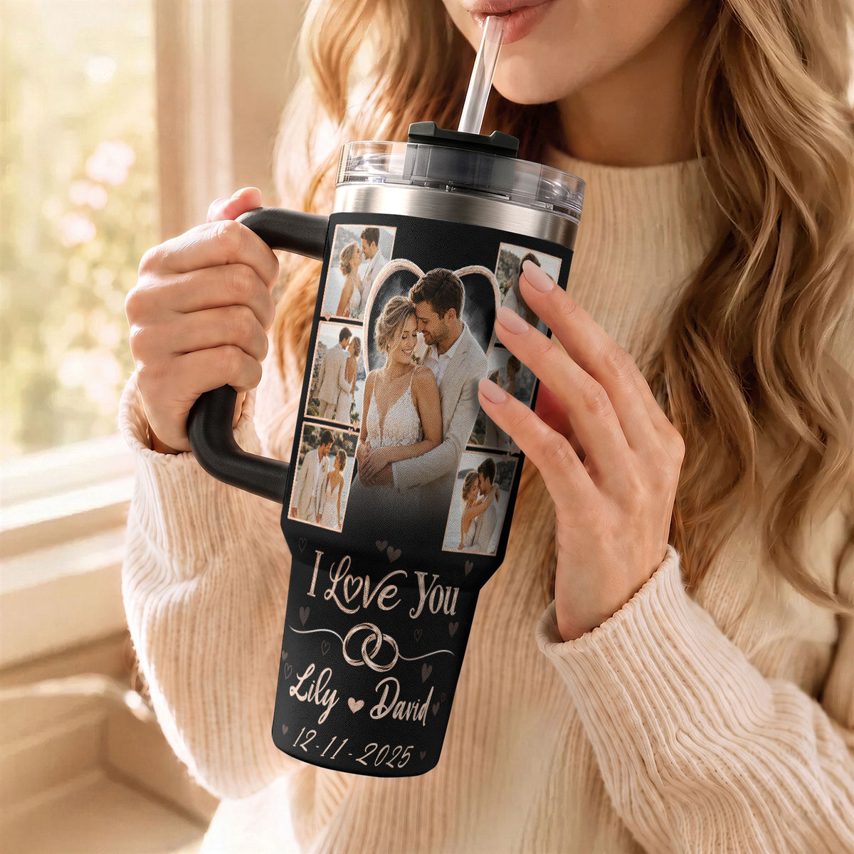 Custom Romantic Photo Collage Couple Tumbler Names Text Insulated Beverage Mug Handle