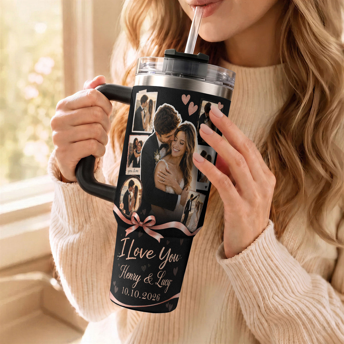 Custom Personal Photo Collage Couple Tumbler Names Text Insulated Beverage Mug Handle Cup