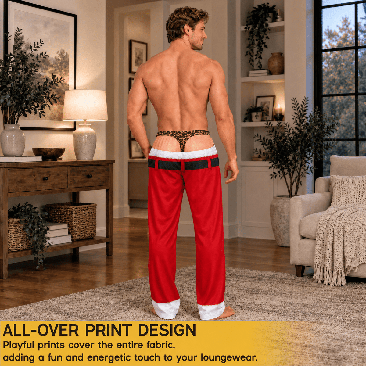 Funny Mens Pajama Pants with Leopard Santa, Custom Pajamas for Festive Lounging, Bold Gag Gifts and Christmas Pajamas for Cozy Nights, Pallyprints Co.