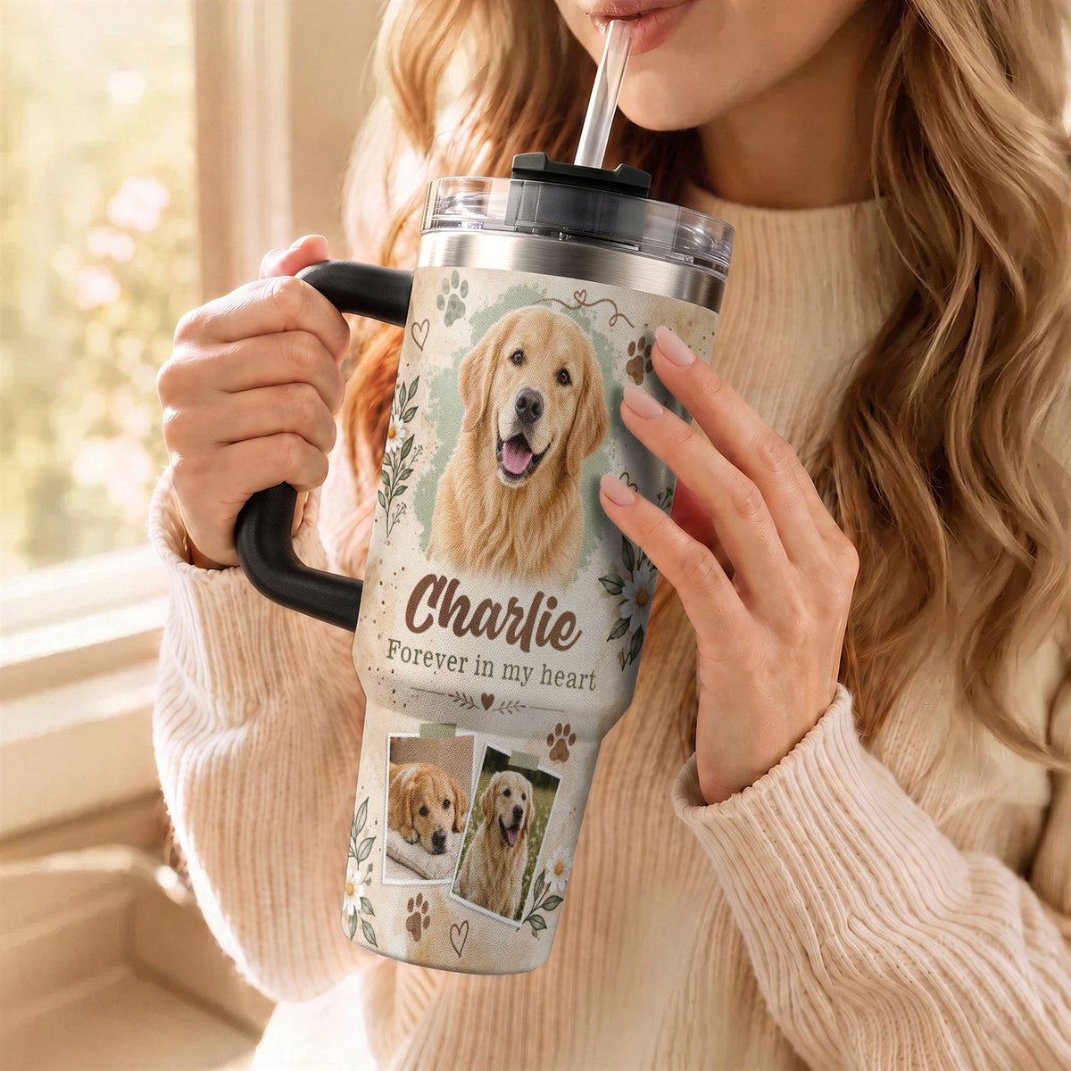 Custom Pet Photo Tumbler with Handle Personalised Dog Portrait Gifts for Dog Lover