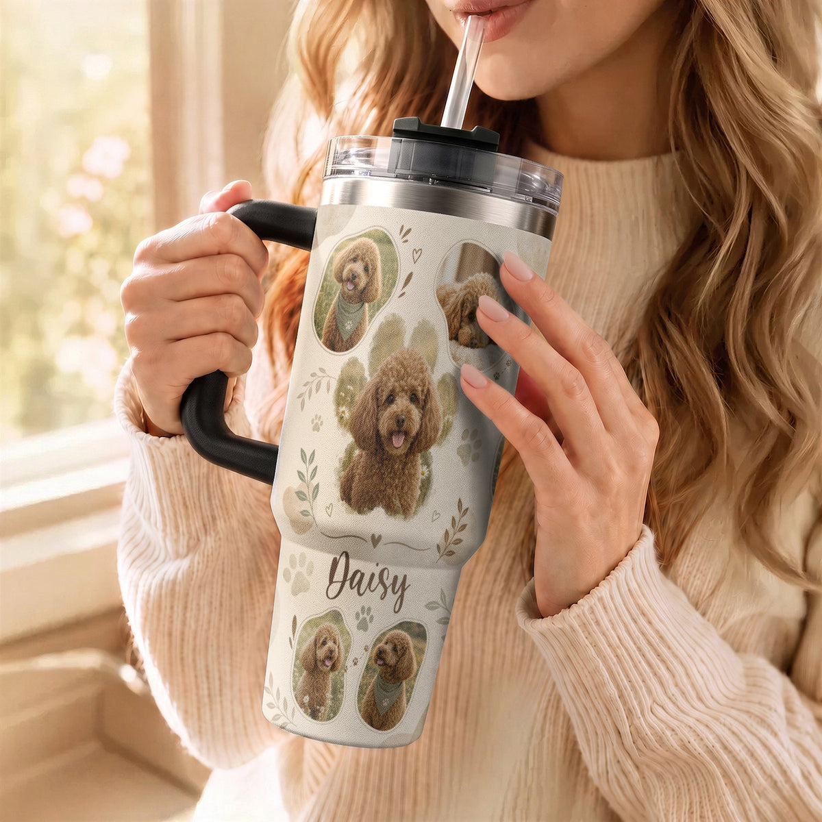 Custom Dog Picture Tumbler with Handle Personalised Pet Portrait Collage Gift Dog Lover