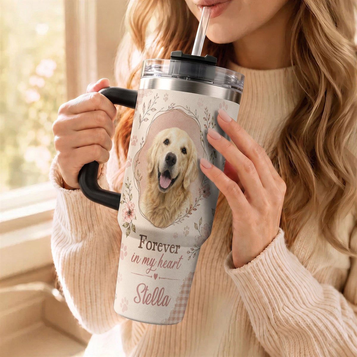 Custom Dog Photo Tumbler with Handle Forever In My Heart Personalised Pet Loss Memorial Gift