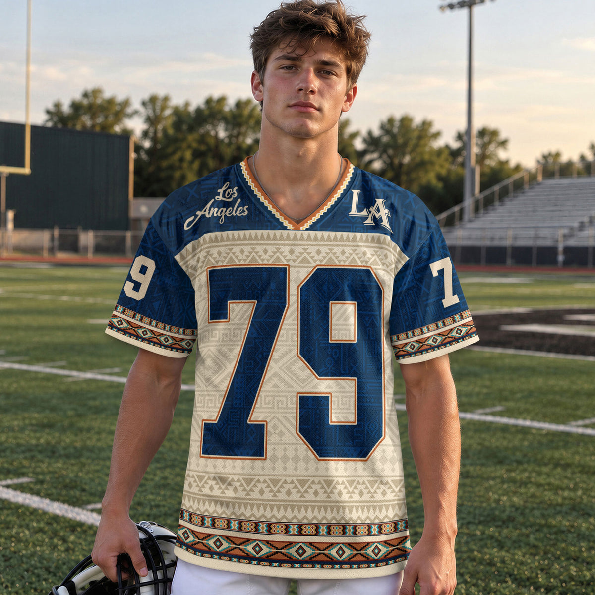 Custom Navy Los Angeles Football Jersey Unisex Aztec Print Y2K Outfits Shirt Top
