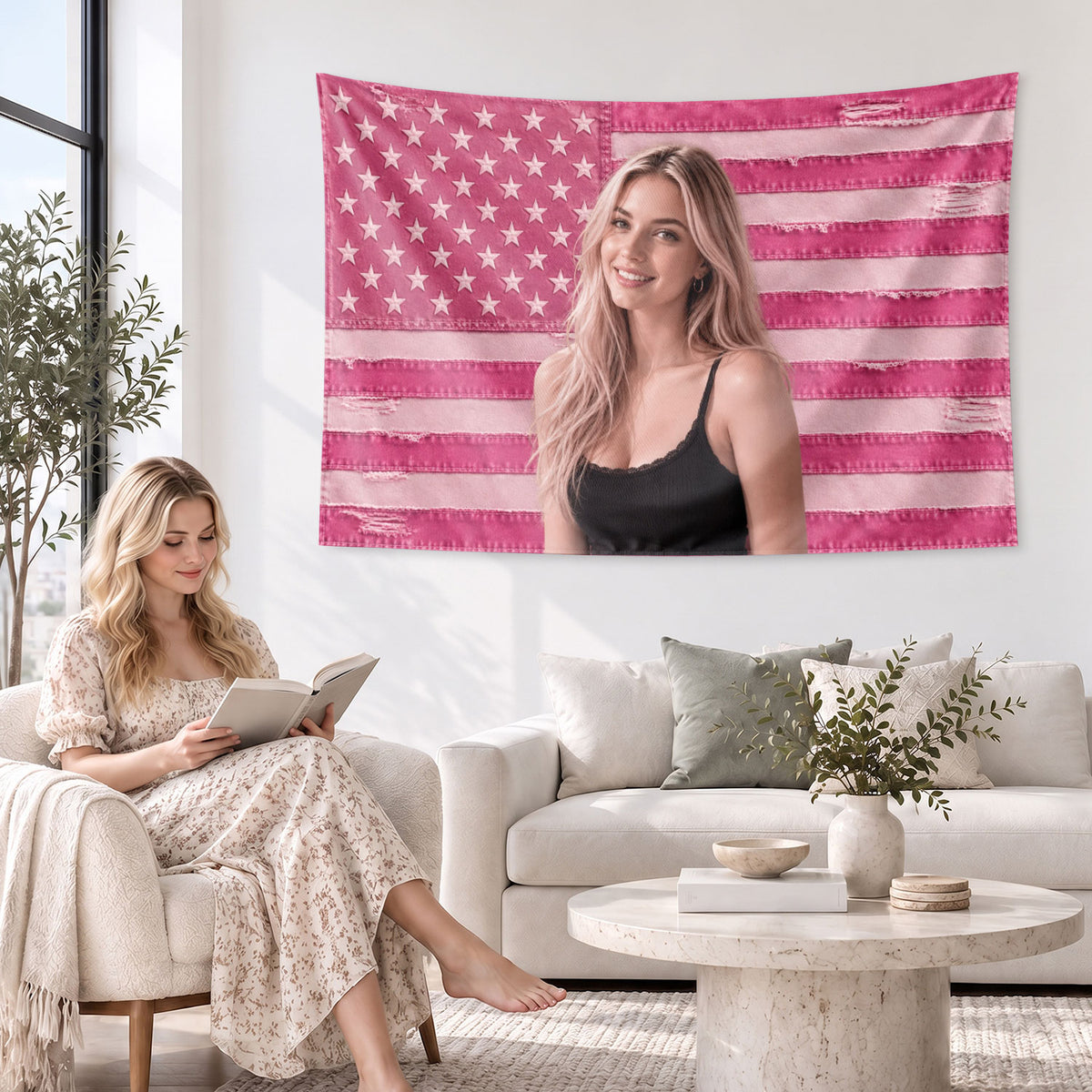 Custom Photo Patriotic American Flag Tapestry Distressed Denim Stars Wall Hanging Sheet