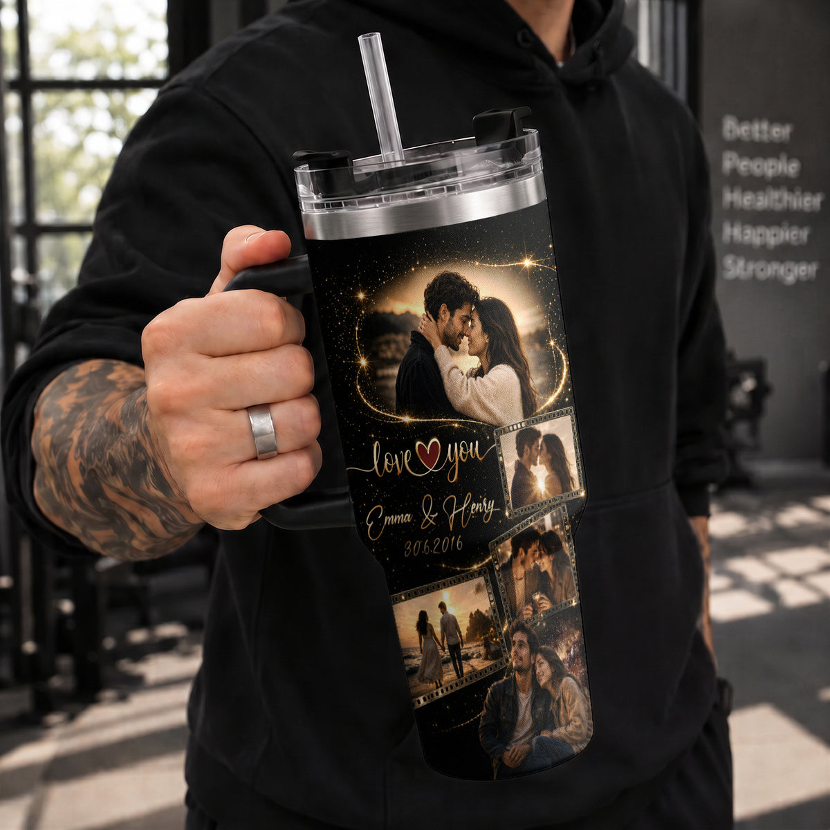 Custom Couple Photo Collage Tumbler Names Date Insulated Thermal Mug Cup Lid Top