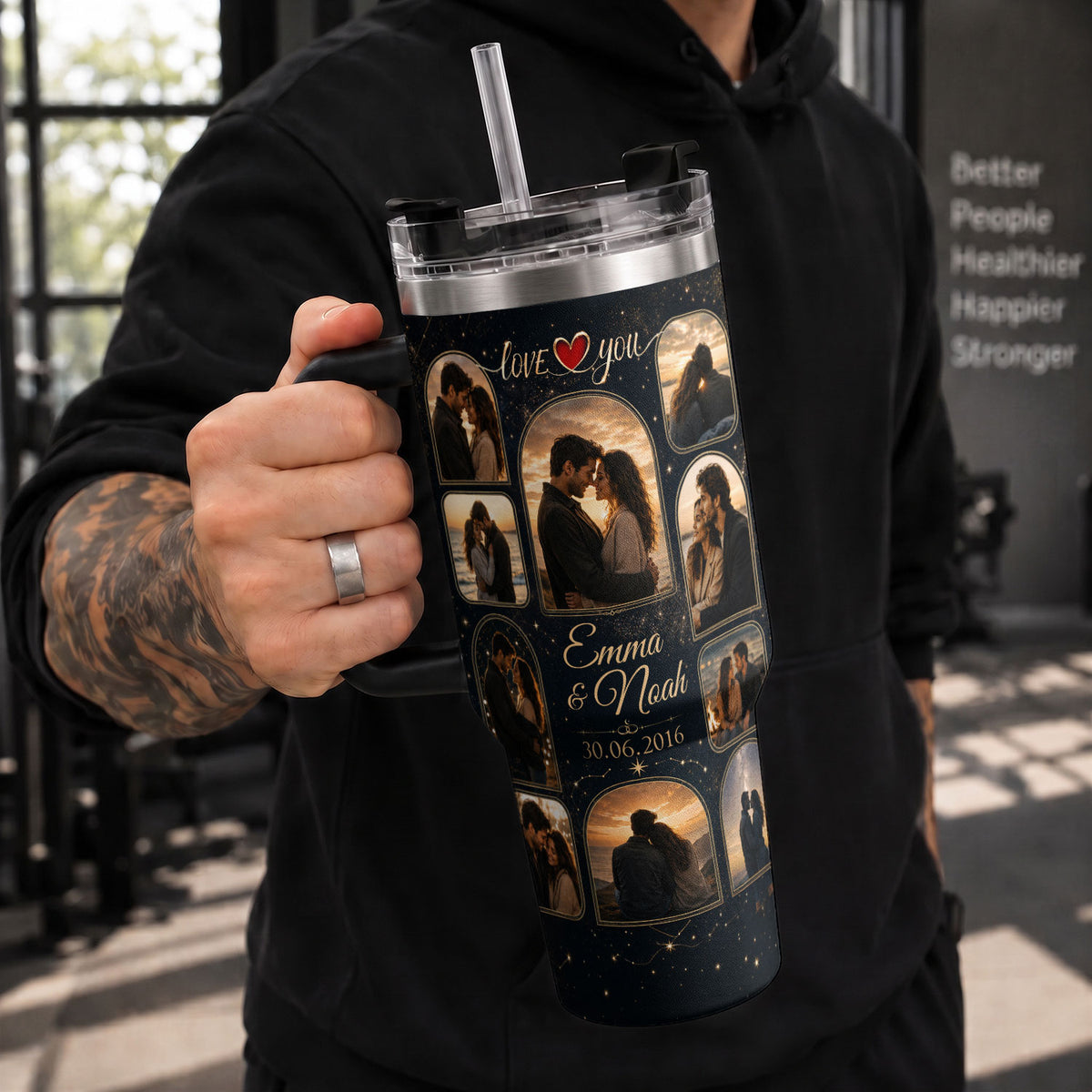 Custom Romantic Photo Collage Tumbler Names Date Thermal Drinkware Cup Lid Piece