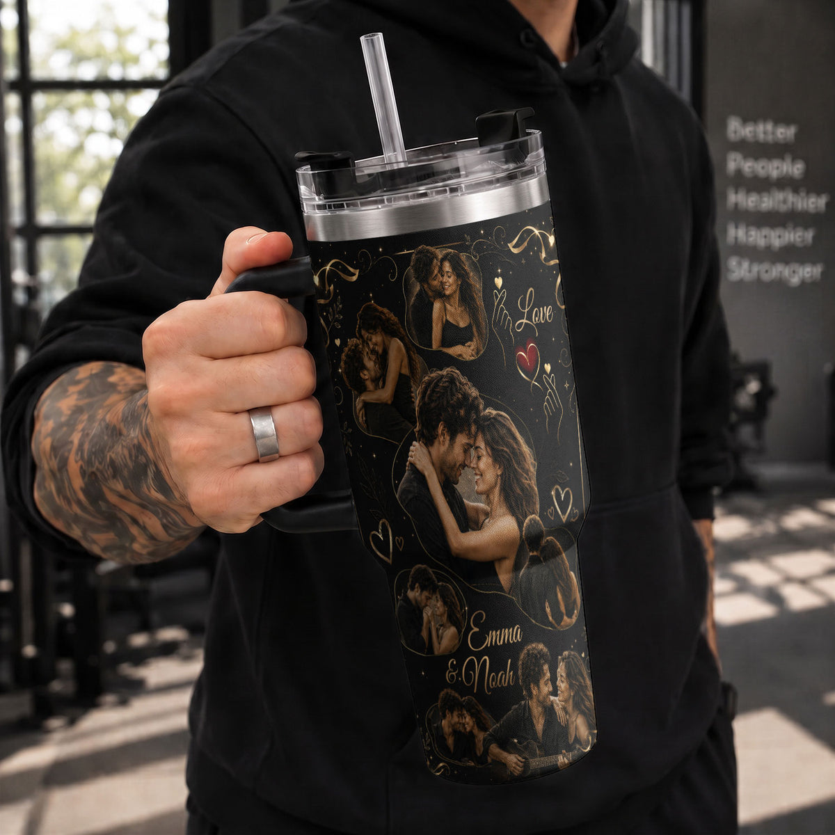 Custom Couple Love Photo Collage Tumbler Names Thermal Drinkware Cup Lid Piece Item