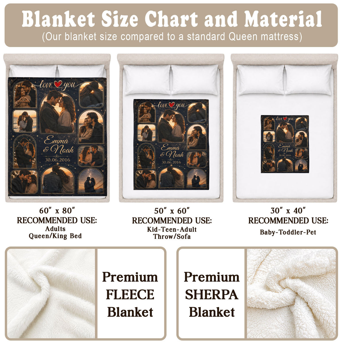 Custom Photo Blanket Collage Couple Names Date Heart Soft Fleece Throw Romantic Love Gift
