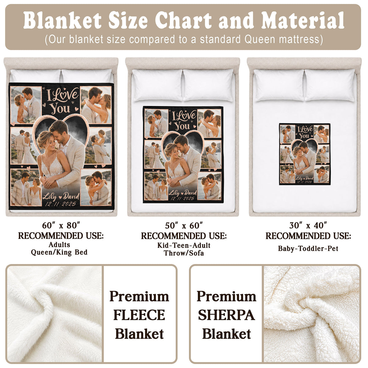 Custom Photo Blanket Collage Couple Names Date Heart Soft Fleece Throw Romantic Wedding
