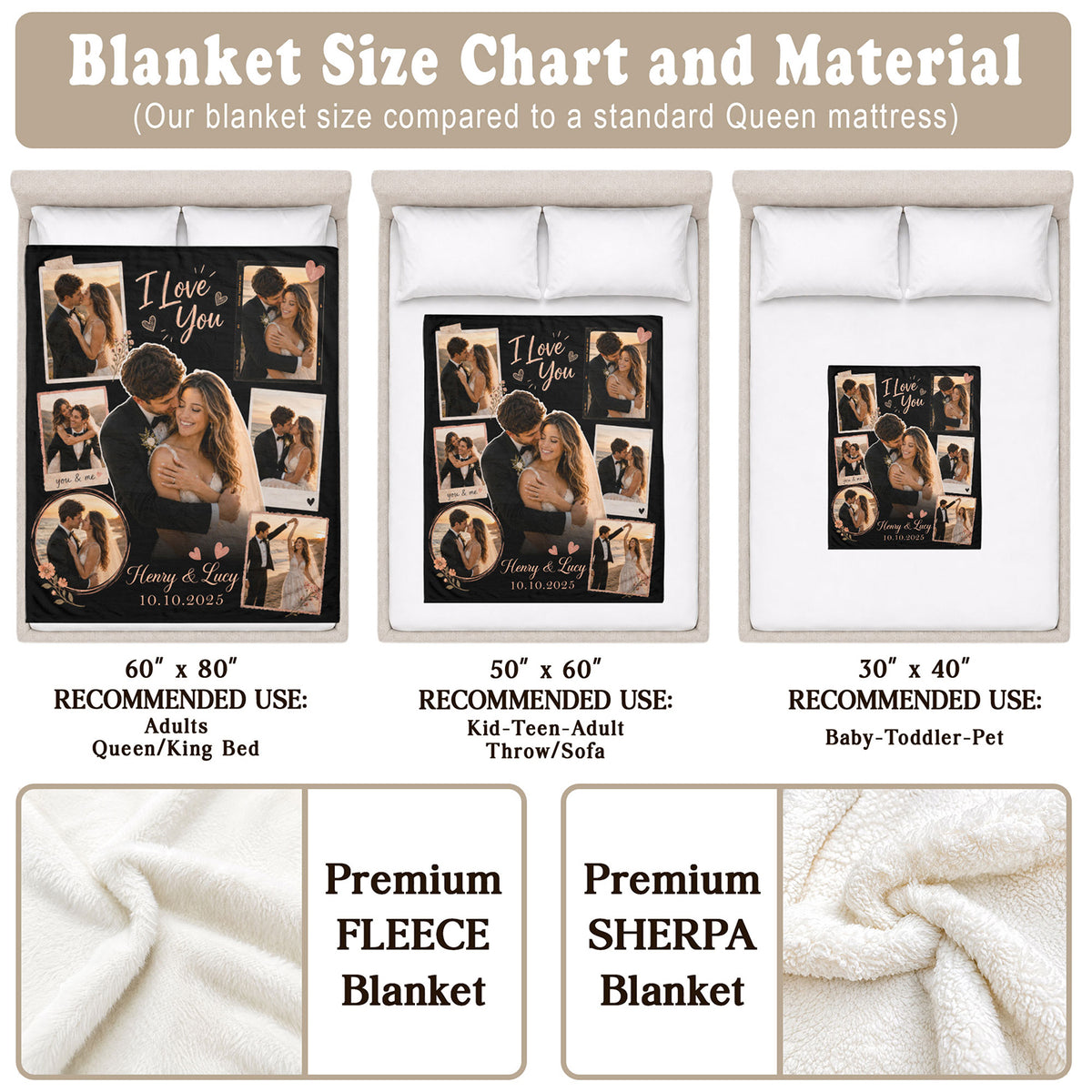 Custom Couple Photo Blanket Picture Collage I Love You Names Date Fleece Anniversary Gift