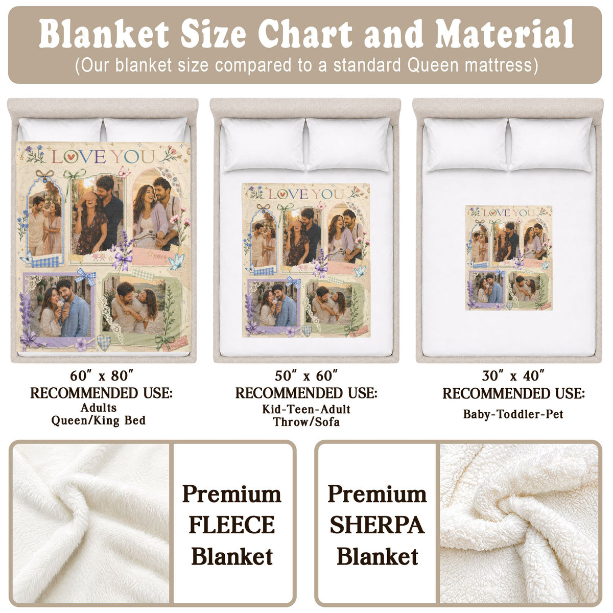 Custom Couple Photo Blanket Picture Collage Floral Love You Fleece Throw Anniversary Gift