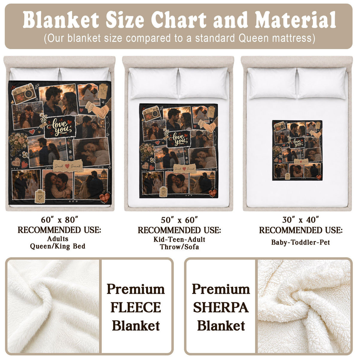 Custom Couple Photo Blanket Picture Collage Soft Fleece Throw Vintage Scrapbook Love Gift