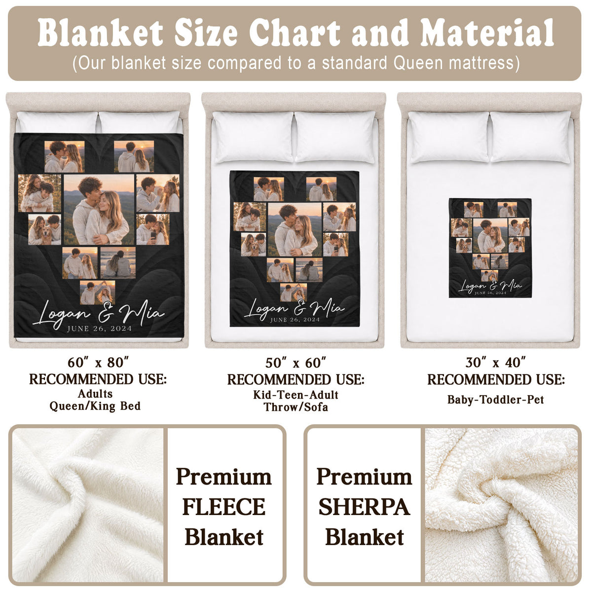 Custom Couple Photo Collage Fleece Blanket Names Date Soft Warm Bed Throw Tapestry