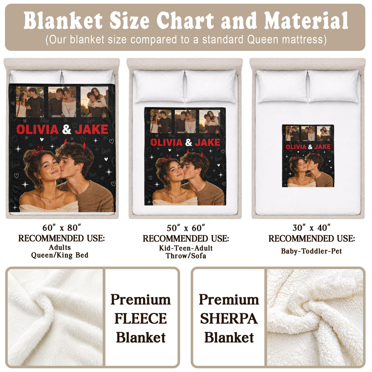Custom Couple Photo Collage Fleece Blanket Names Soft Warm Throw Bed Tapestry Piece