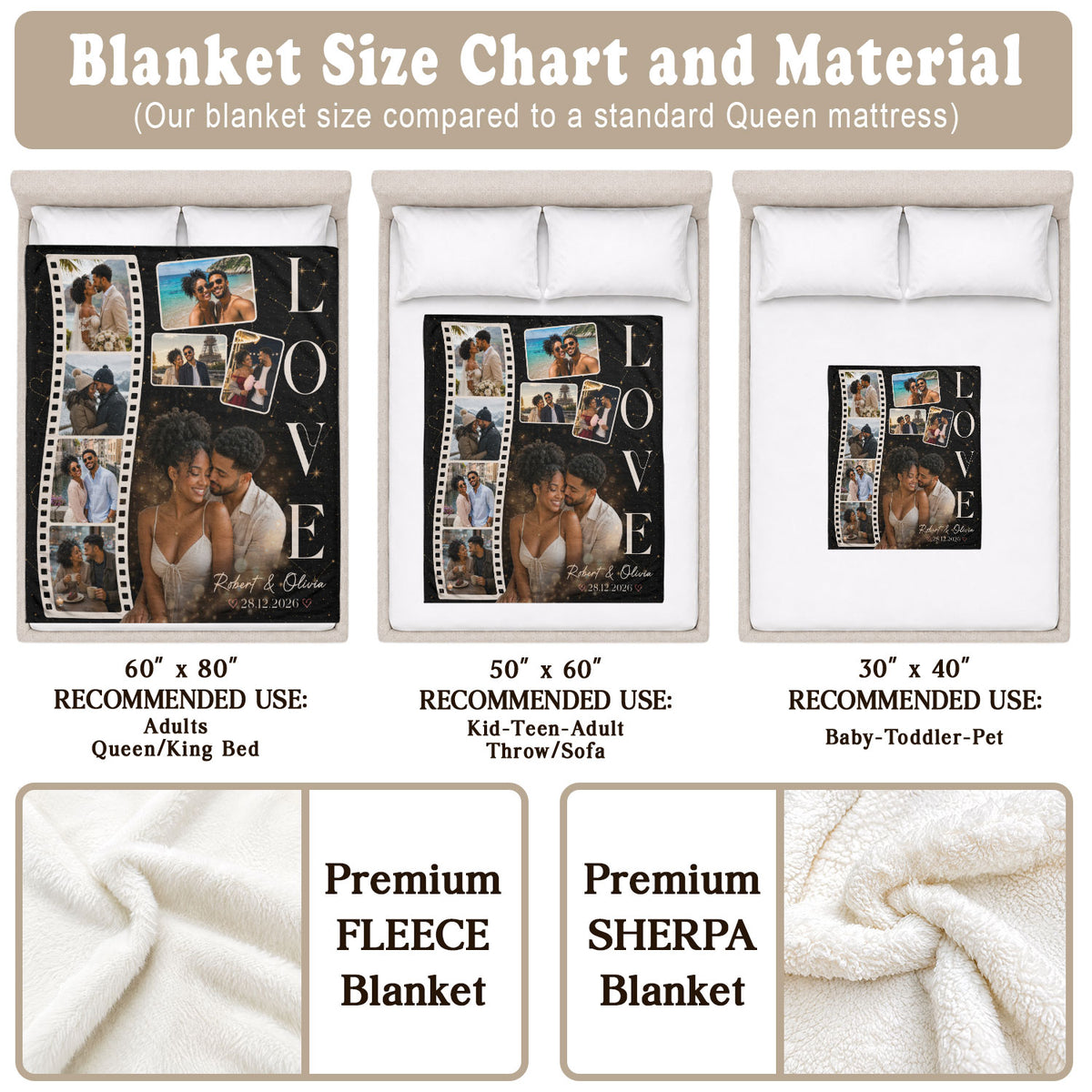 Custom Personal Photo Collage Couple Fleece Blanket Names Date Love Throw Tapestry