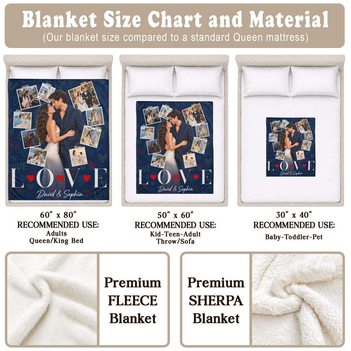 Custom Romantic Photo Collage Couple Fleece Blanket Names Text Throw Tapestry Item