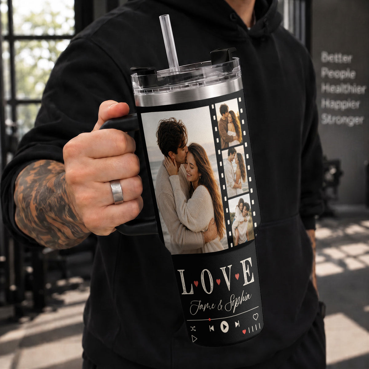 Custom Couple Photo Collage Tumbler Names Text Insulated Travel Mug Handle Cup Item