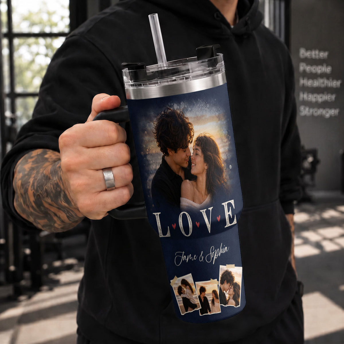 Custom Couple Photo Collage Tumbler Names Text Insulated Beverage Mug Handle Cup Piece