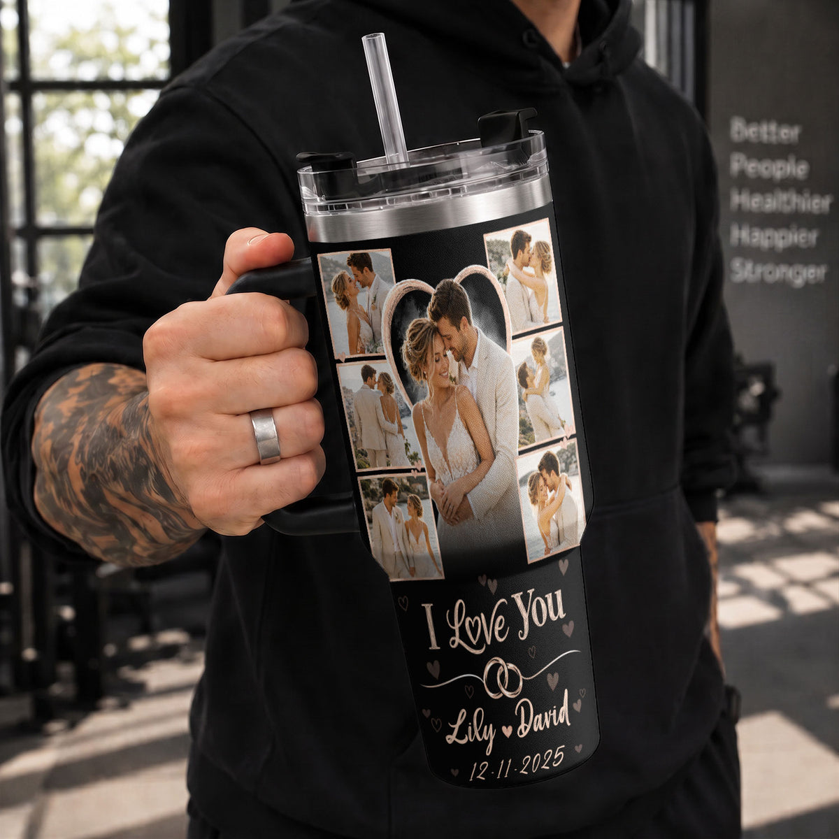 Custom Romantic Photo Collage Couple Tumbler Names Text Insulated Beverage Mug Handle