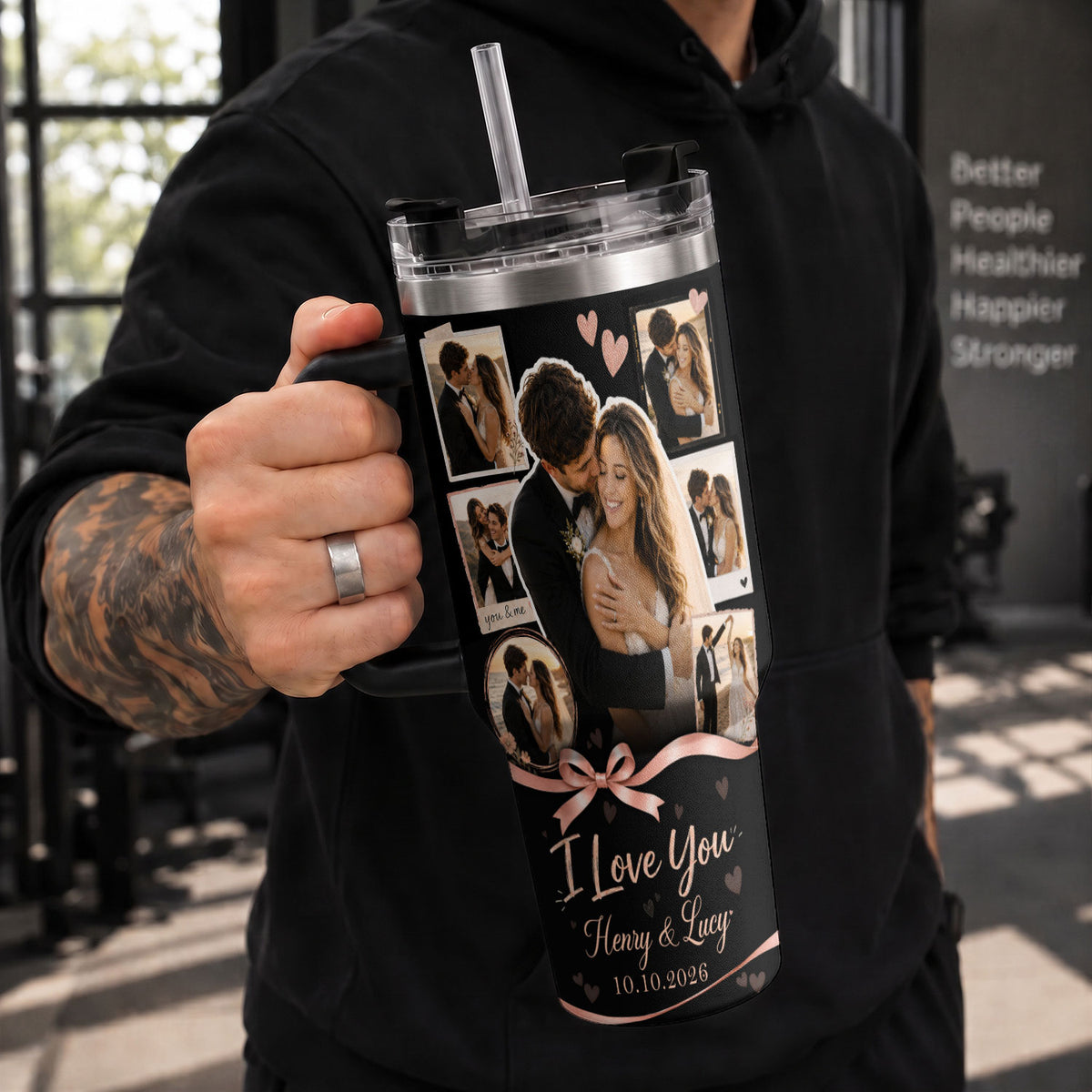 Custom Personal Photo Collage Couple Tumbler Names Text Insulated Beverage Mug Handle Cup