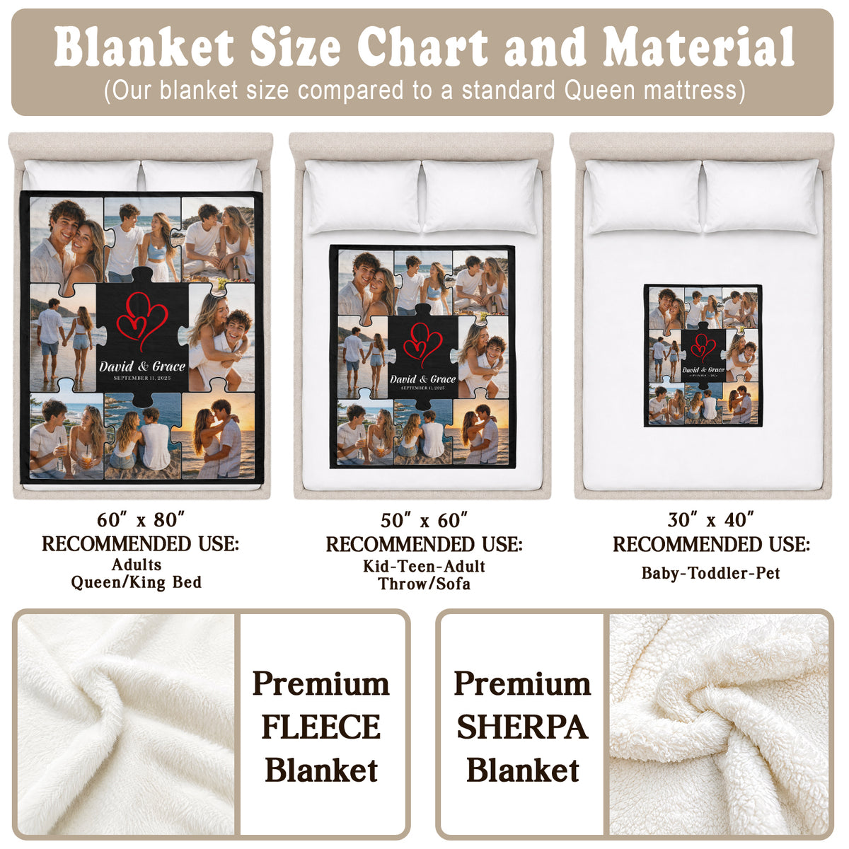 Custom Couple Jigsaw Photo Collage Fleece Blanket Text Throw Tapestry Component Item