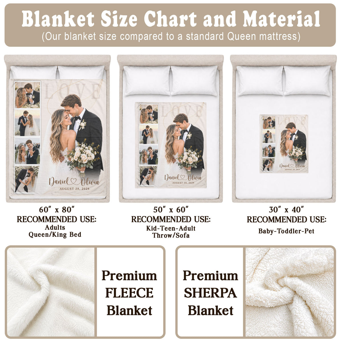Custom Couple Wedding Photo Collage Fleece Blanket Names Date Throw Tapestry Piece