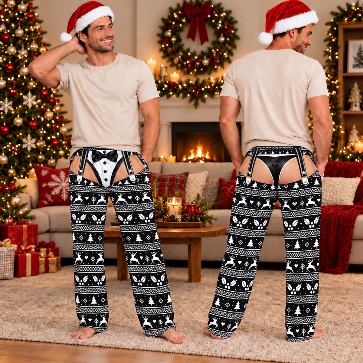 Funny Mens Pajama Pants with Christmas Tuxedo, Custom Pajamas for Festive Parties, Stylish Gag Gifts and Christmas Pajamas for Nights, Pallyprints Co.