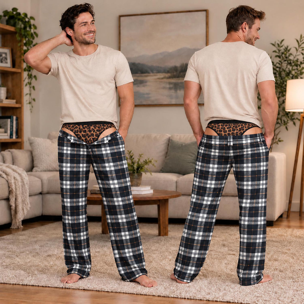 Plaid Leopard Funny Mens Pajama Pants, Custom Pajamas for Playful Evenings, Wild Gag Gifts and Christmas Pajamas for Relaxed Nights, Pallyprints Co.