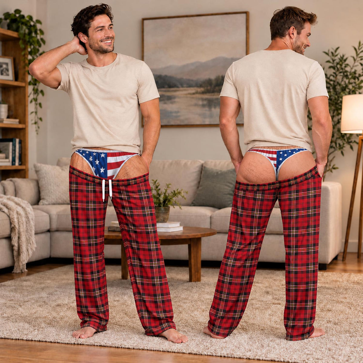 Funny Mens Pajama Pants with Red Flag Print, Custom Pajamas for Relaxing Nights, Patriotic Gag Gifts and Christmas Pajamas at Home, Pallyprints Co.