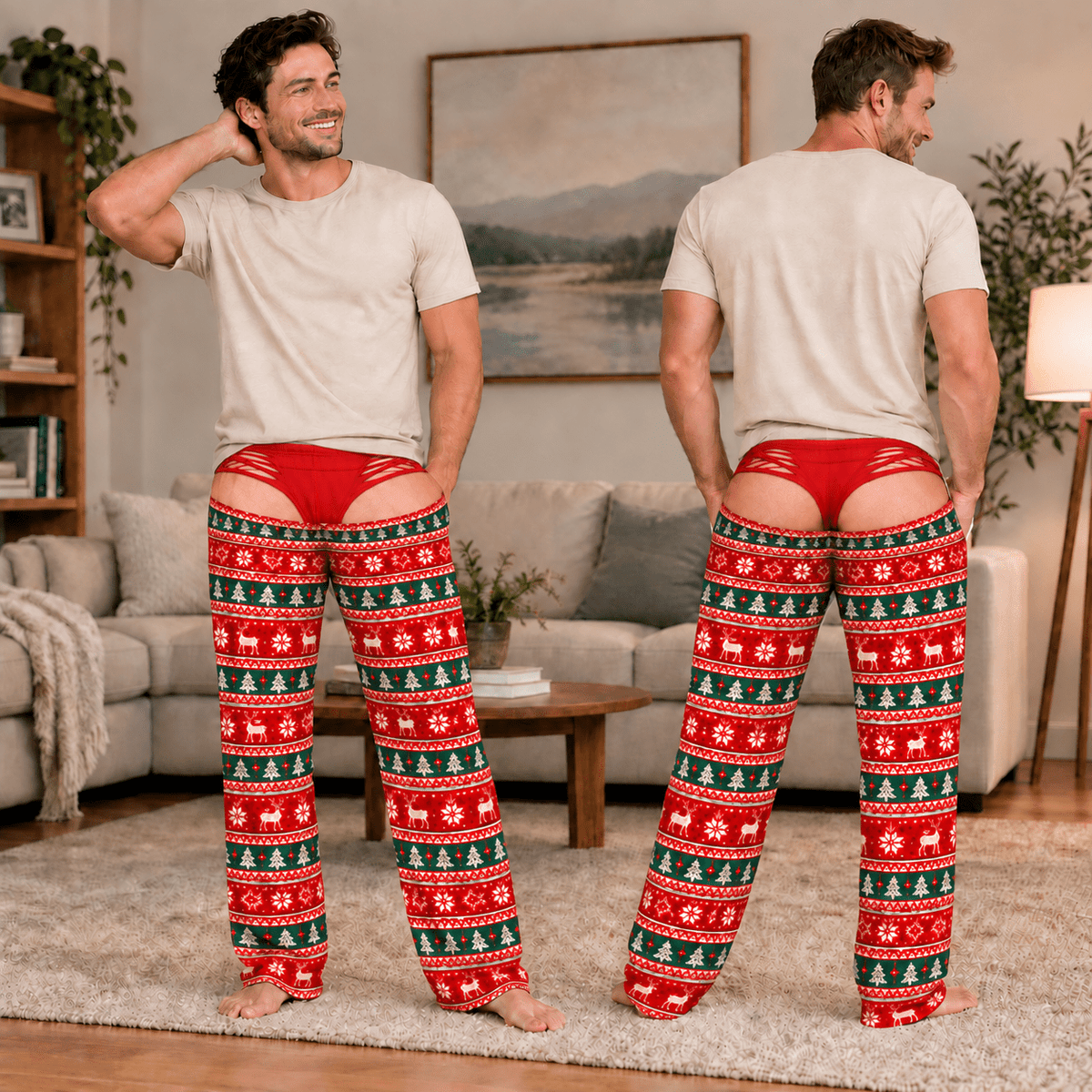 Red Green Funny Mens Pajama Pants, Custom Pajamas for Cozy Winter Nights, Festive Gag Gifts and Cheerful Christmas Pajamas at Home, Pallyprints Co.
