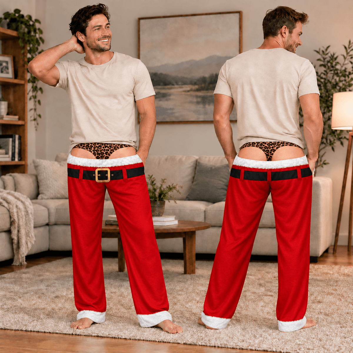 Funny Mens Pajama Pants with Leopard Santa, Custom Pajamas for Festive Lounging, Bold Gag Gifts and Christmas Pajamas for Cozy Nights, Pallyprints Co.