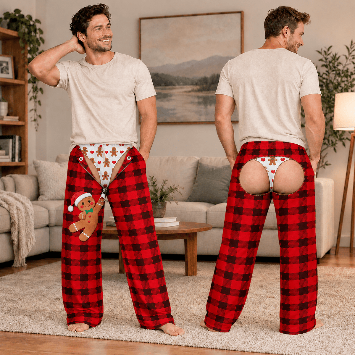 Funny Mens Pajama Pants with Gingerbread Plaid, Custom Pajamas for Cozy Lounging, Gag Gifts and Cozy Festive Christmas Pajamas, Pallyprints Co.