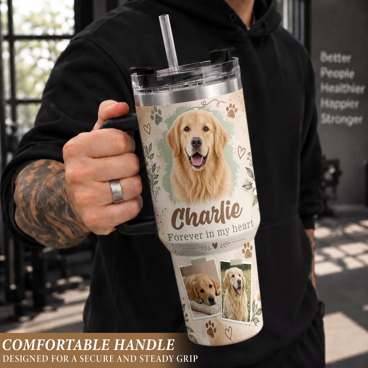 Custom Pet Photo Tumbler with Handle Personalised Dog Portrait Gifts for Dog Lover