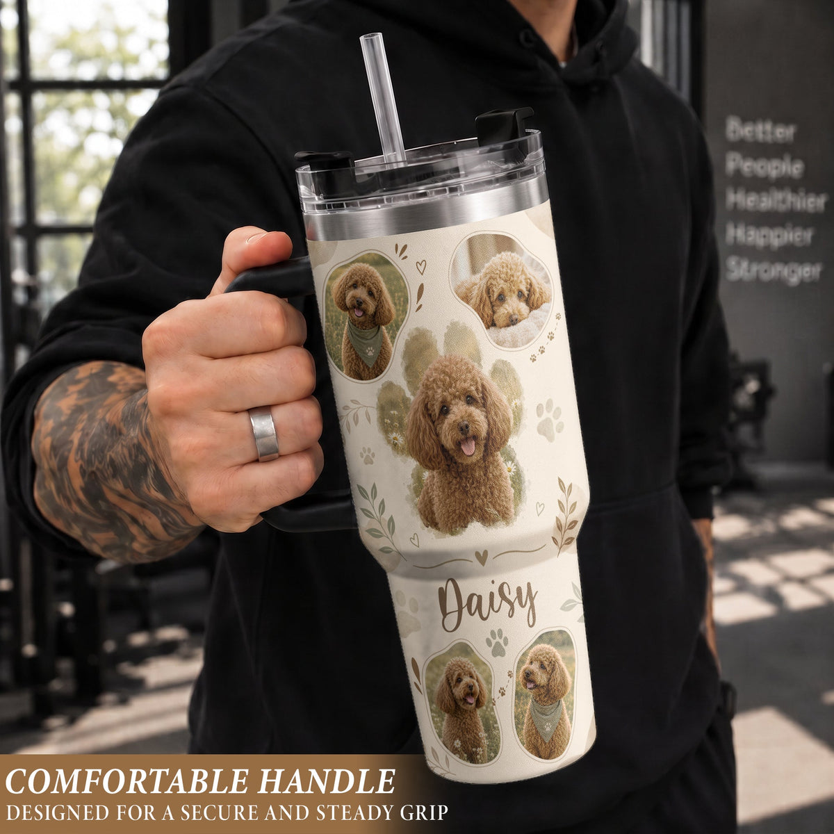 Custom Dog Picture Tumbler with Handle Personalised Pet Portrait Collage Gift Dog Lover