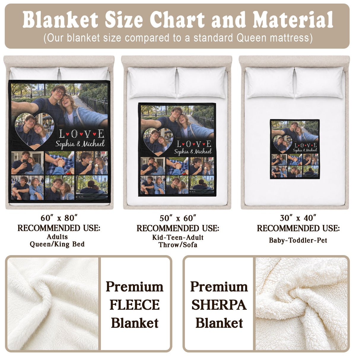 Custom Photo Collage Fleece Blanket Couple Love Heart Picture Throw Warm Bed Spreads