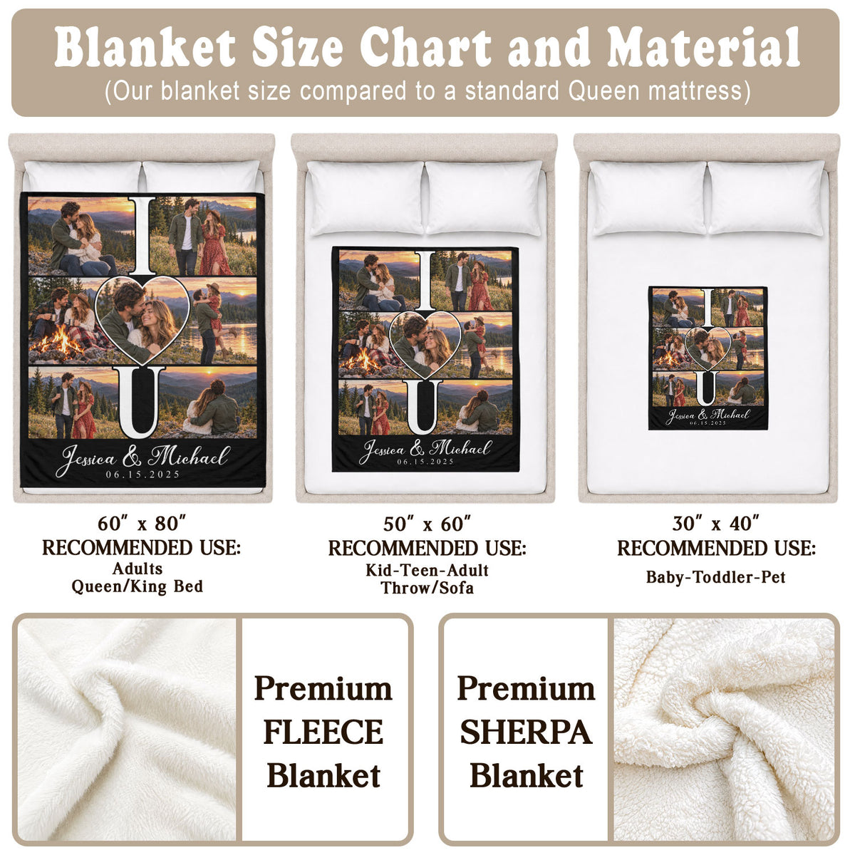 Custom Photo Collage Fleece Blanket Couple Love Heart Picture Throw Warm Bedding Cover
