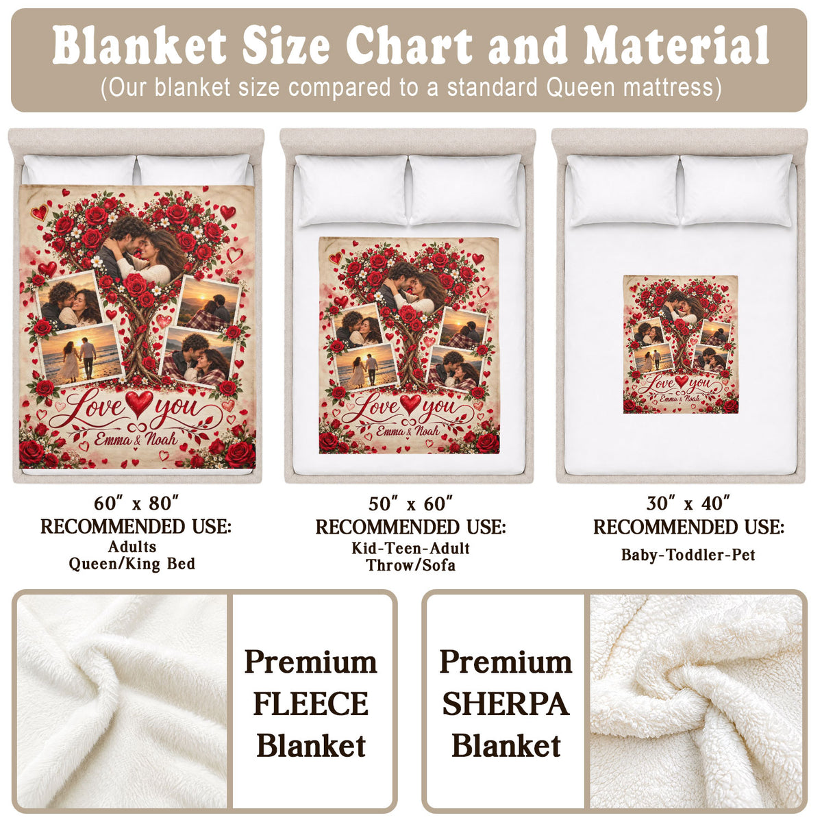 Custom Photo Collage Blanket Love Heart Tree Roses Soft Fleece Throw Bedding Sheet Mat