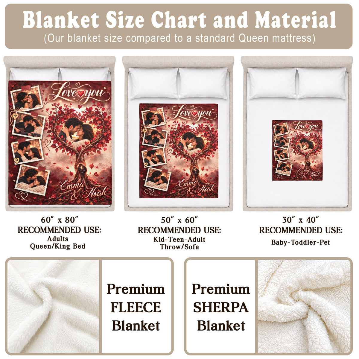 Custom Photo Collage Blanket Heart Maple Tree Autumn Leaves Soft Fleece Throw Cover Mat