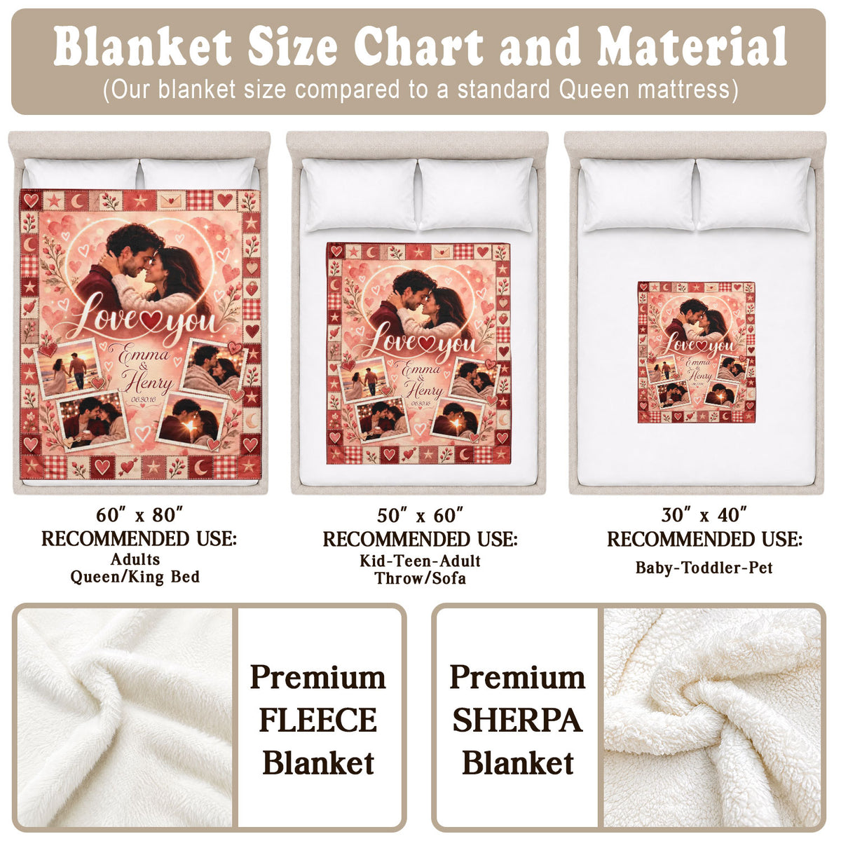 Custom Photo Collage Blanket Heart Patchwork Border Fleece Throw Bedding Sheet Mat