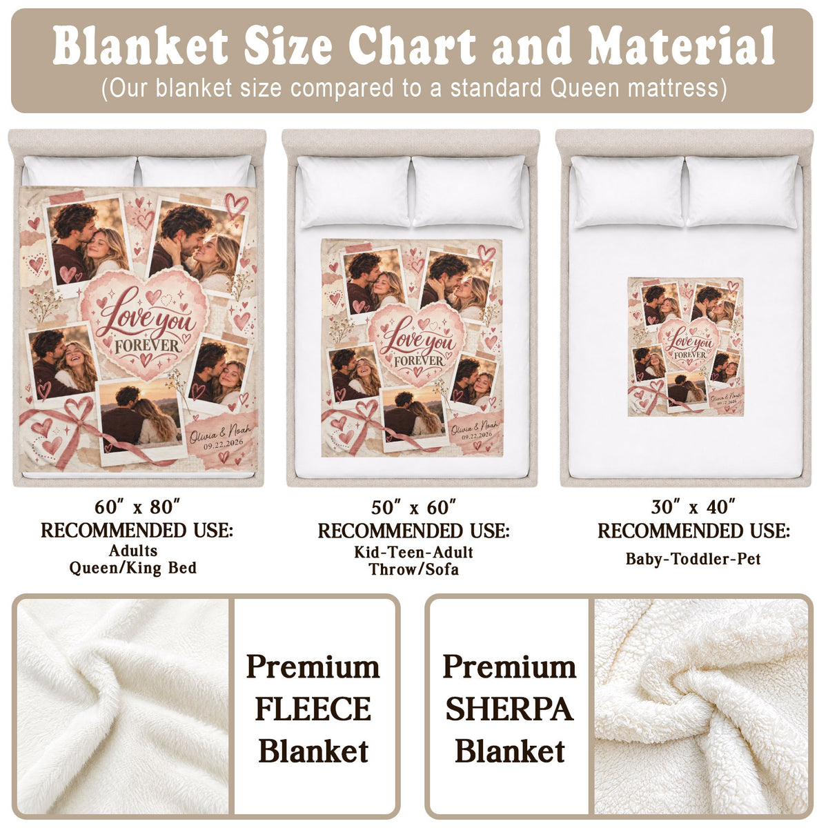 Custom Photo Collage Blanket Love Heart Ribbon Bow Polaroid Soft Fleece Throw Cover