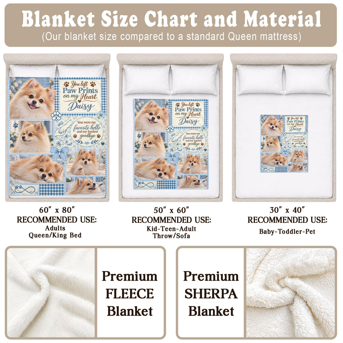 Custom Dog Memorial Photo Collage Gingham Ribbon Bow Paw Print Fleece Throw Blanket