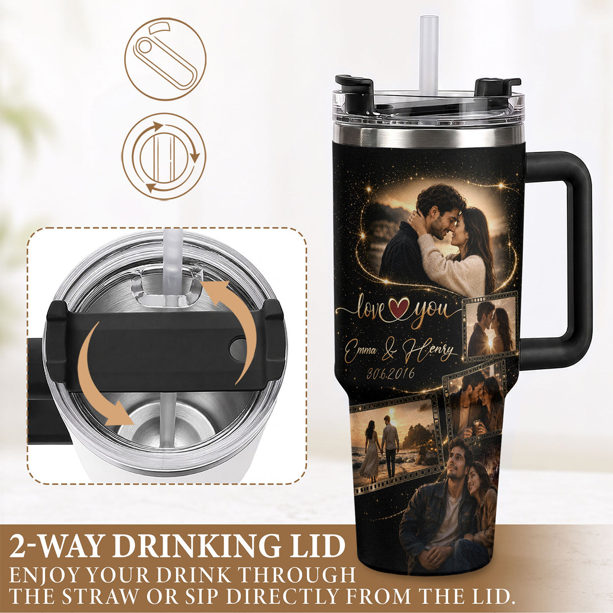 Custom Couple Photo Collage Tumbler Names Date Insulated Thermal Mug Cup Lid Top