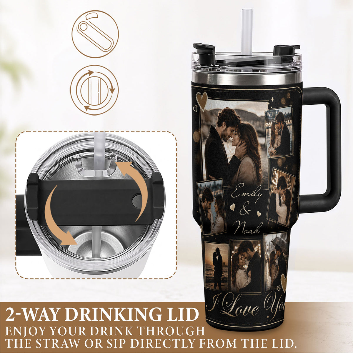 Custom Couple Memory Collage Tumbler Names Date Insulated Drinkware Cup Lid Piece