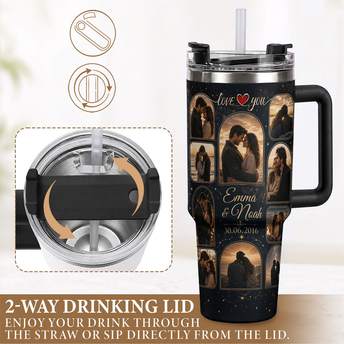 Custom Romantic Photo Collage Tumbler Names Date Thermal Drinkware Cup Lid Piece