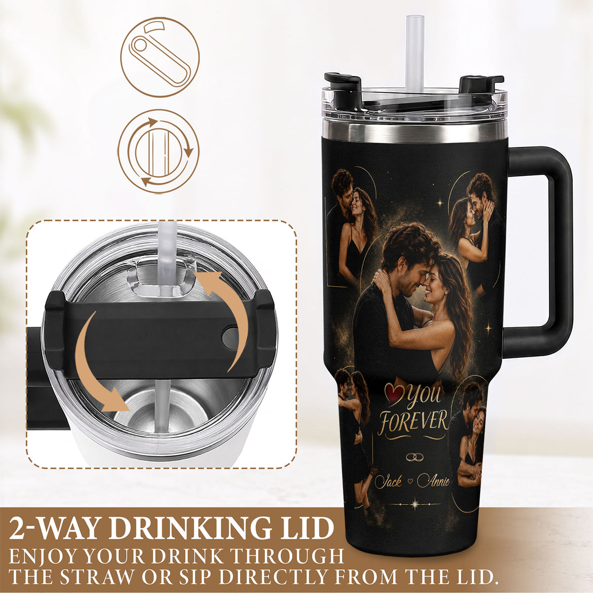 Custom Couple Forever Photo Collage Tumbler Names Date Thermal Drinkware Cup Lid Item