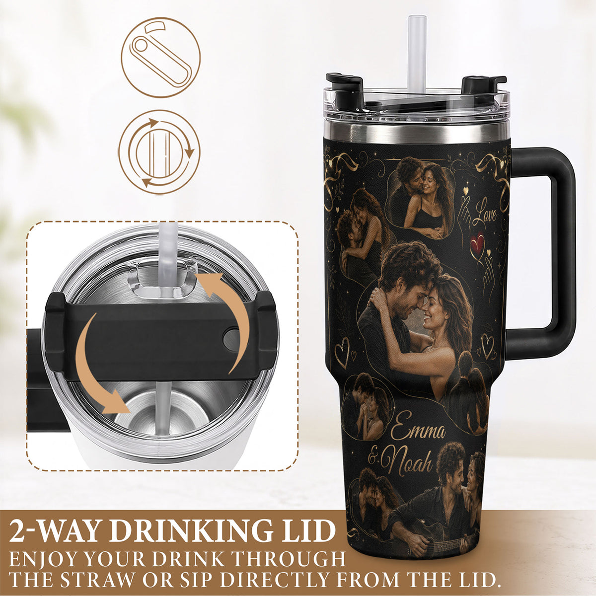 Custom Couple Love Photo Collage Tumbler Names Thermal Drinkware Cup Lid Piece Item