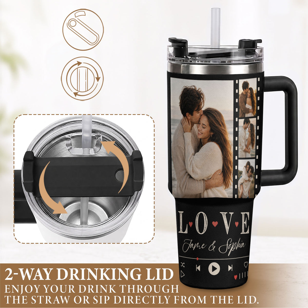 Custom Couple Photo Collage Tumbler Names Text Insulated Travel Mug Handle Cup Item
