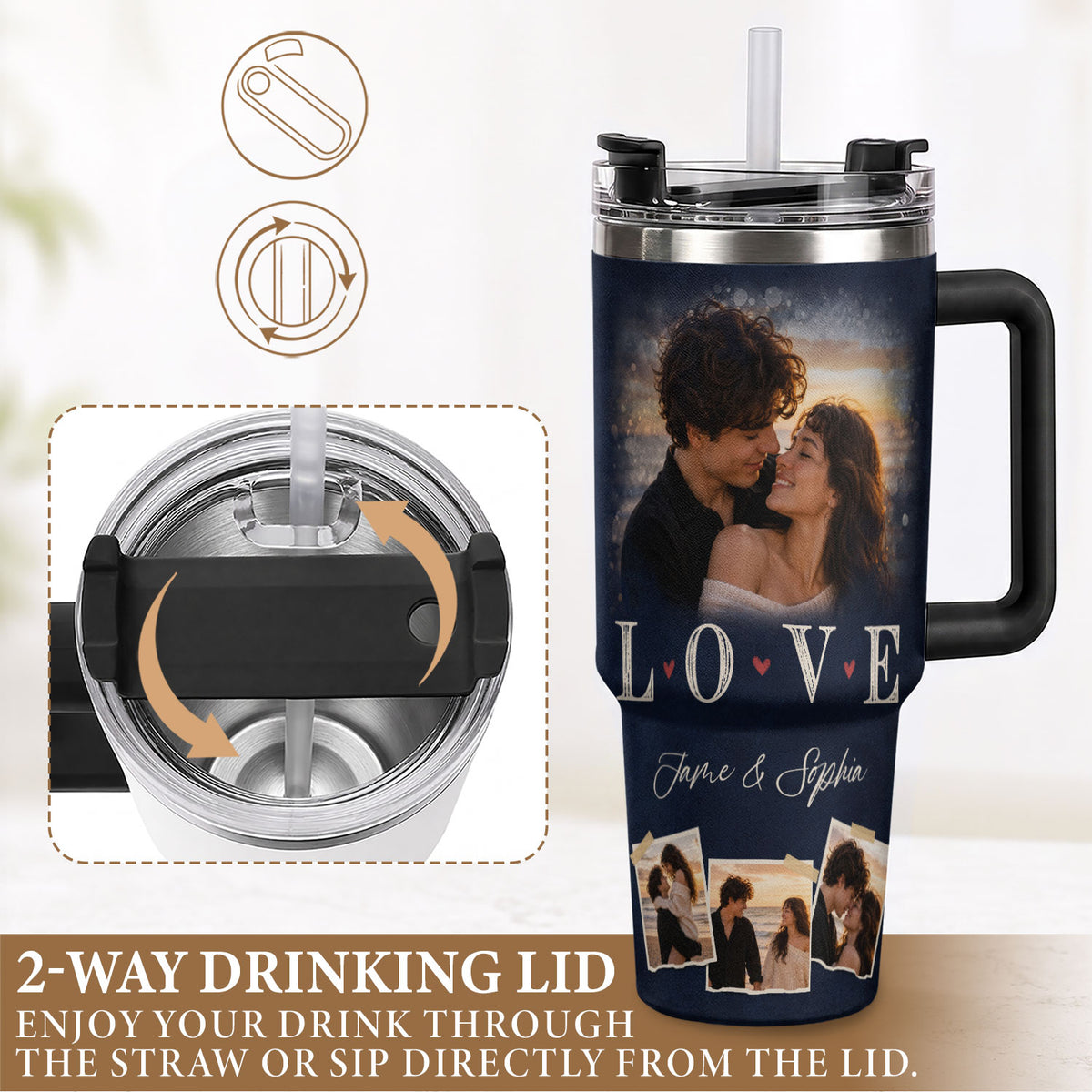 Custom Couple Photo Collage Tumbler Names Text Insulated Beverage Mug Handle Cup Piece